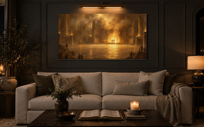 Fiery Furnace canvas above a cream sofa in a charcoal living room
