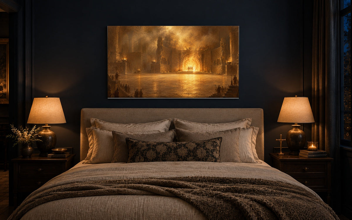 Fiery Furnace canvas above a bed in a navy bedroom