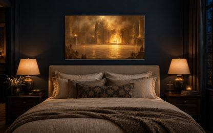 Fiery Furnace canvas above a bed in a navy bedroom