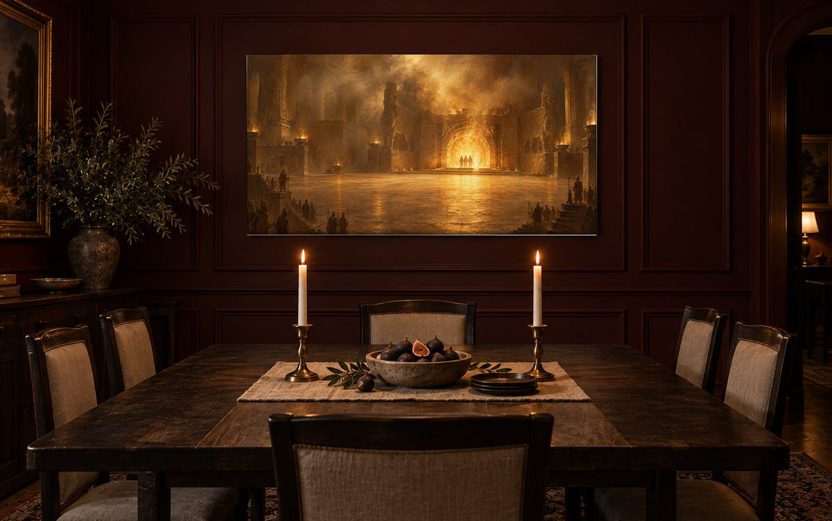 Fiery Furnace canvas in an oxblood dining room with candles