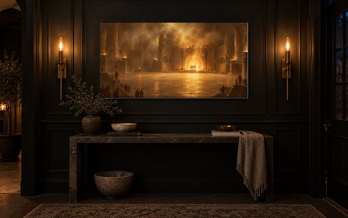 Fiery Furnace canvas in a black entryway above a console table