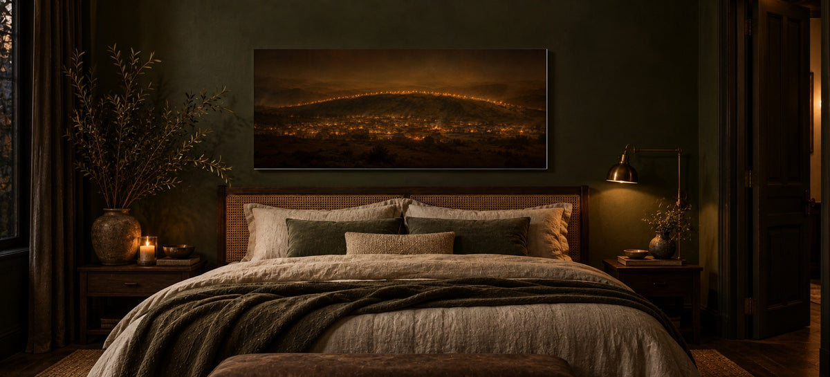 Gideon's 300 canvas above a bed in an olive bedroom