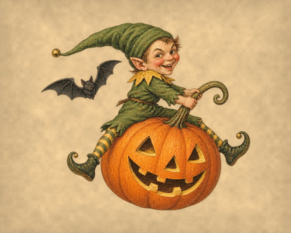 Vintage Halloween goblin print, grinning goblin in a green cap riding a carved jack-o'-lantern with a small bat, on tea-stained parchment