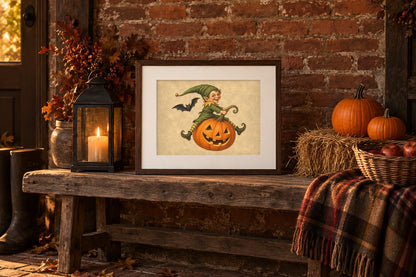 Vintage Halloween goblin print on a rustic bench against a brick wall with a lantern, hay bale and pumpkins