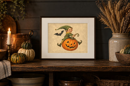 Vintage Halloween goblin print framed in dark wood on a farmhouse kitchen shelf with heirloom gourds and a copper pot