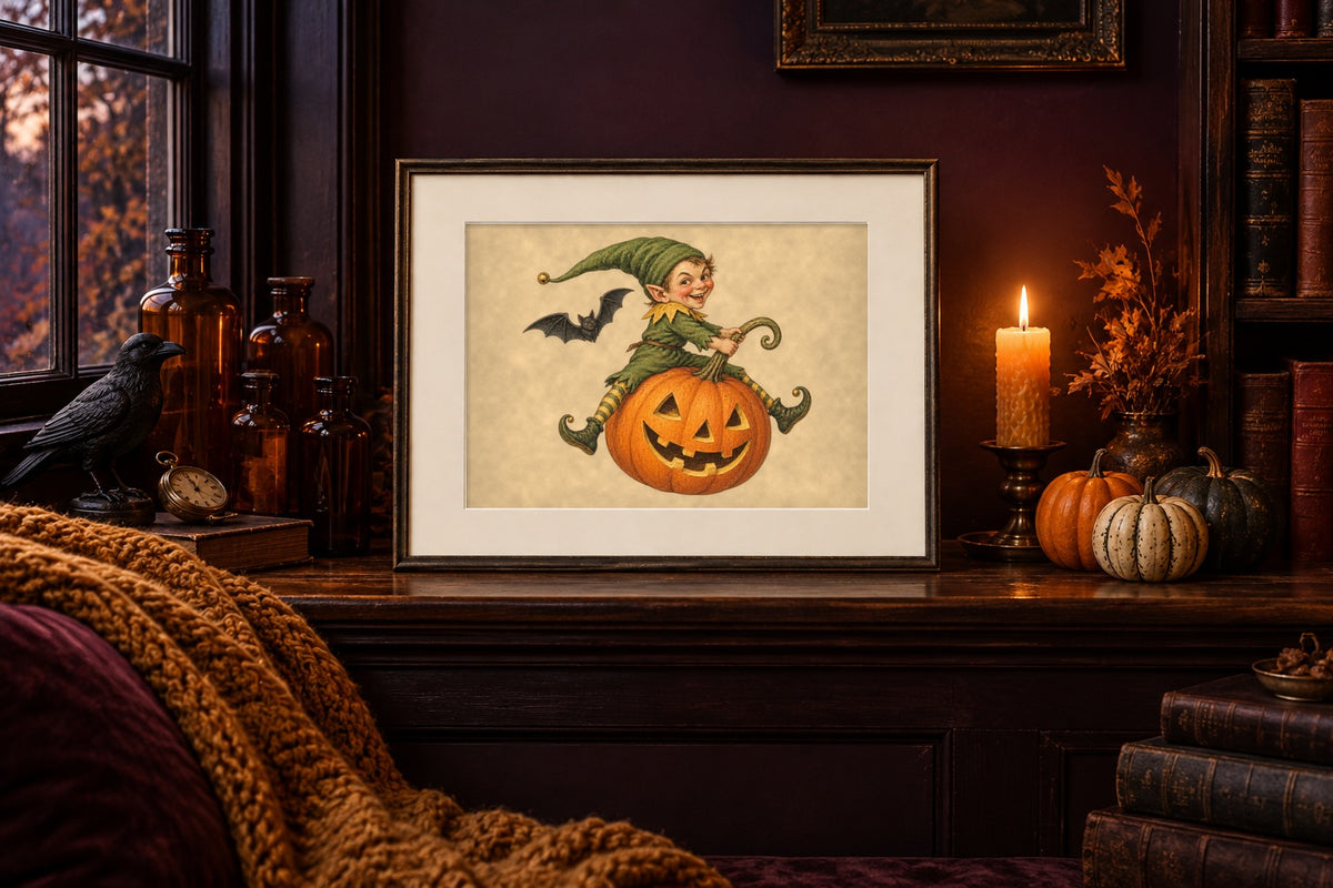 Vintage Halloween goblin print on a library window seat with amber apothecary bottles, a crow and a lit candle