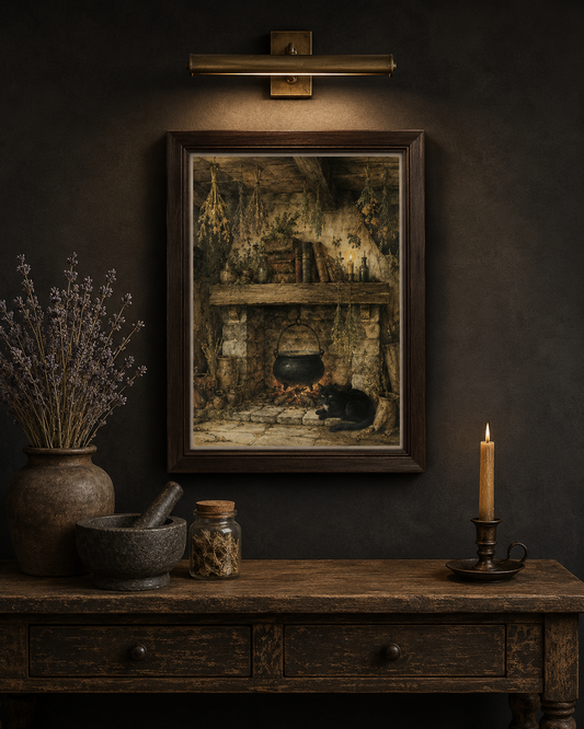 Dark Cottagecore Witch's Hearth Halloween Print — dried herbs cauldron grimoire kitchen wall art