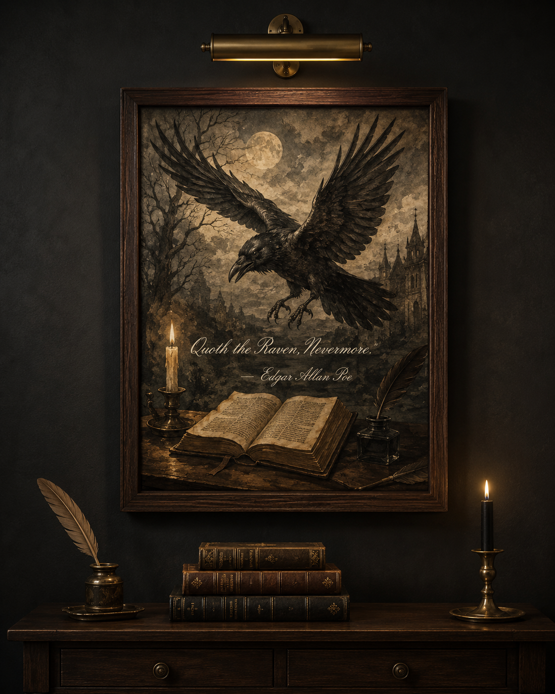 Edgar Allan Poe Quoth The Raven Nevermore Print — dark academia literary Halloween wall art