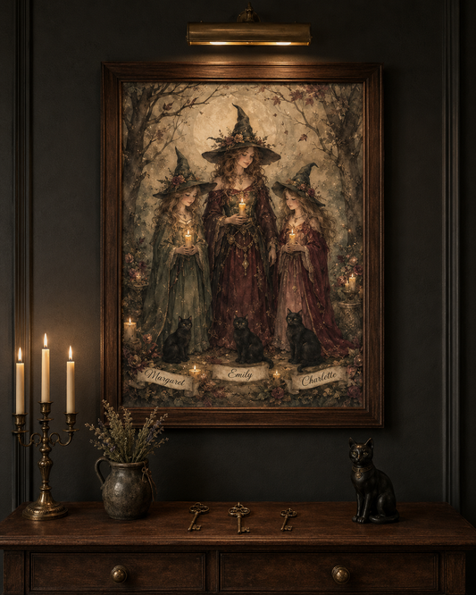 Personalized Mom + Daughters Witch Coven Halloween Print — 3 custom first names whimsigoth family tradition