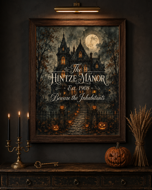 Personalized Last Name Haunted Manor Halloween Print — gothic Victorian estate with custom family name in blackletter