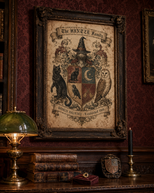 Personalized Family Coat of Arms Halloween Print — 1890s Victorian heraldic copperplate engraving, custom motto