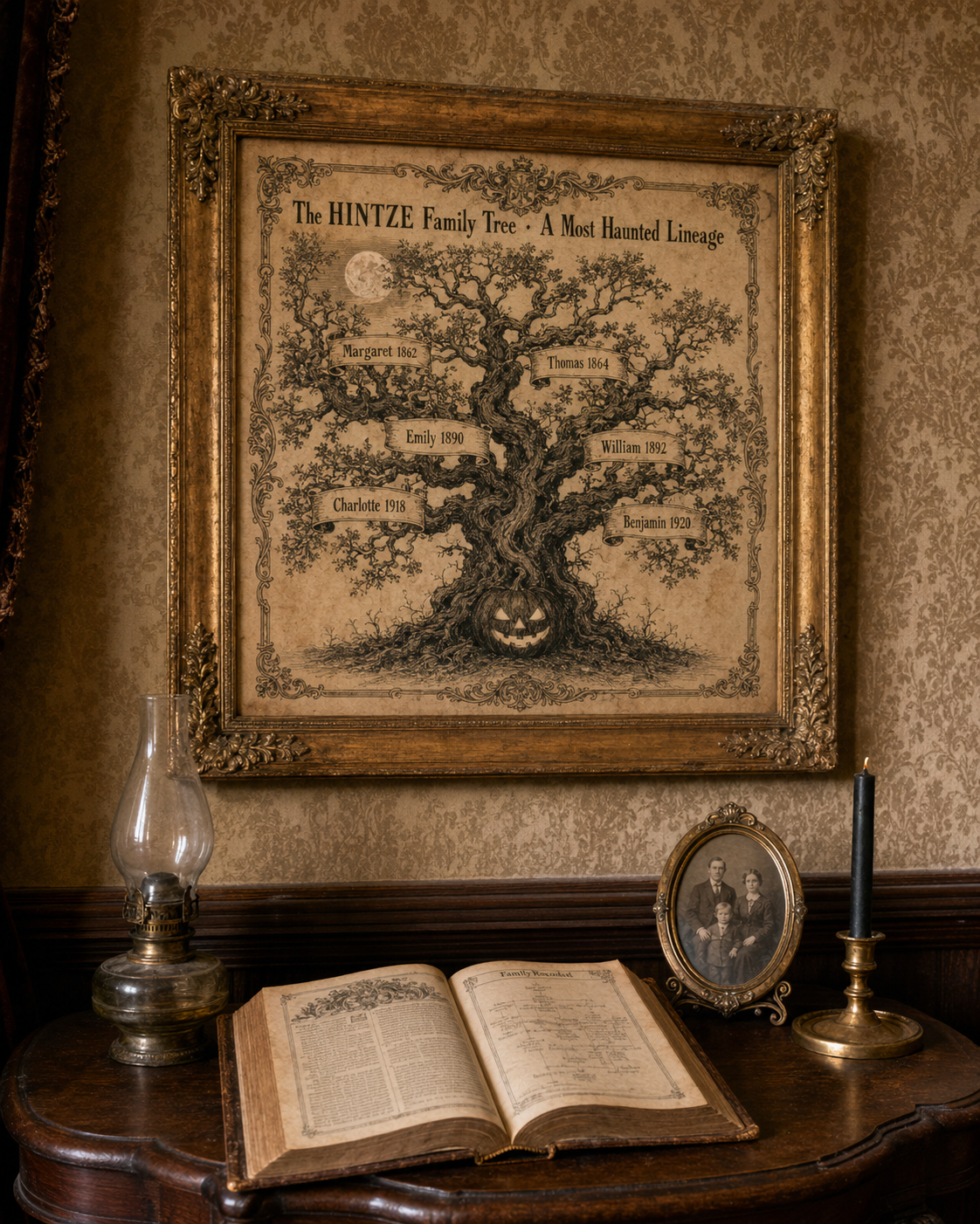 Personalized Family Tree Halloween Print — 1900 Victorian heraldic genealogical chart, custom last name