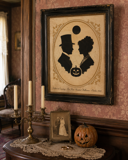 Personalized Couple First Haunted Halloween Print — 1910 Edwardian silhouette portrait, custom couple names + date