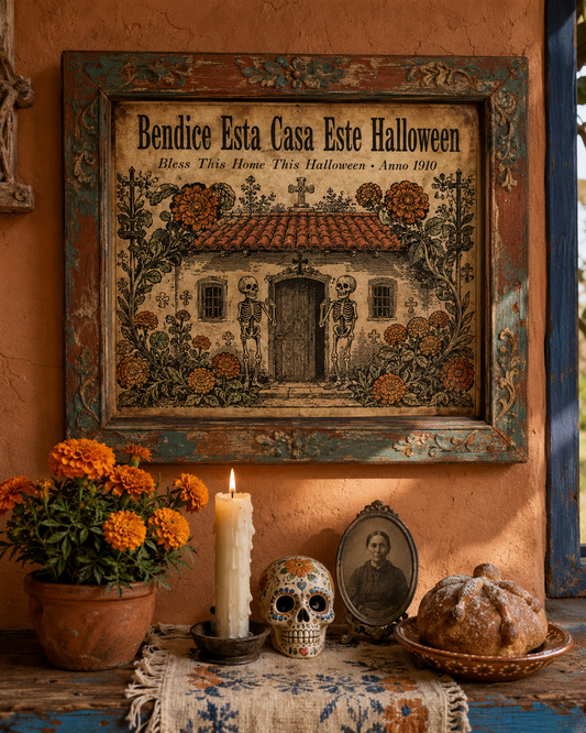 Personalized Bendice Esta Casa Bilingual Home Blessing Print — 1910 Posada Mexican calavera, custom family name