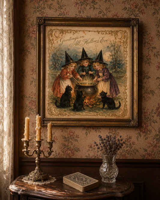 Whimsigoth Coven of Witches Halloween Print — 1912 Ellen Clapsaddle style chromolithograph