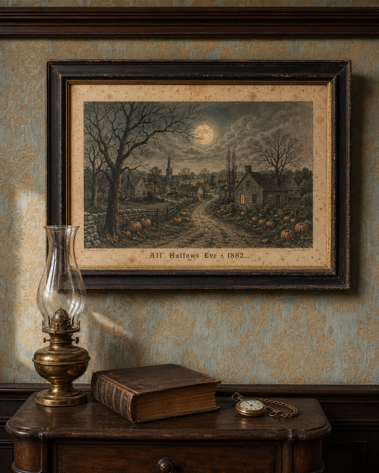 Moody Haunted Village Halloween Print — 1880s Currier & Ives style chromolithograph, full moon over pumpkin path