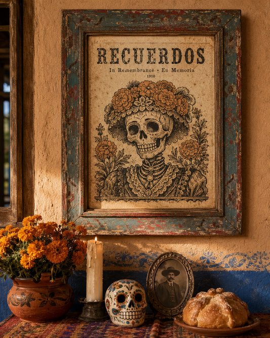 Bilingual Día de Muertos Marigold Skull Print — 1910 Posada calavera engraving, Spanish English bilingual