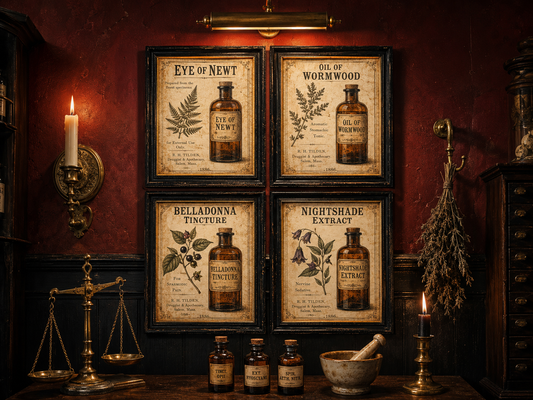 Antique Apothecary Witch's Pantry 4-Print Gallery Set — Eye of Newt Wormwood Belladonna Nightshade 1885 chromolithograph