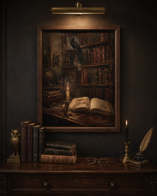 Vintage Haunted Library Bookshelf Halloween Print — dark academia reading nook poetcore literary