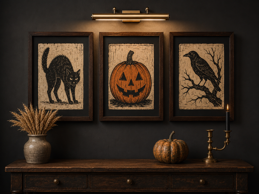 Vintage Halloween Trio Gallery Set — Black Cat Jack-O-Lantern Crow on Branch linocut watercolor