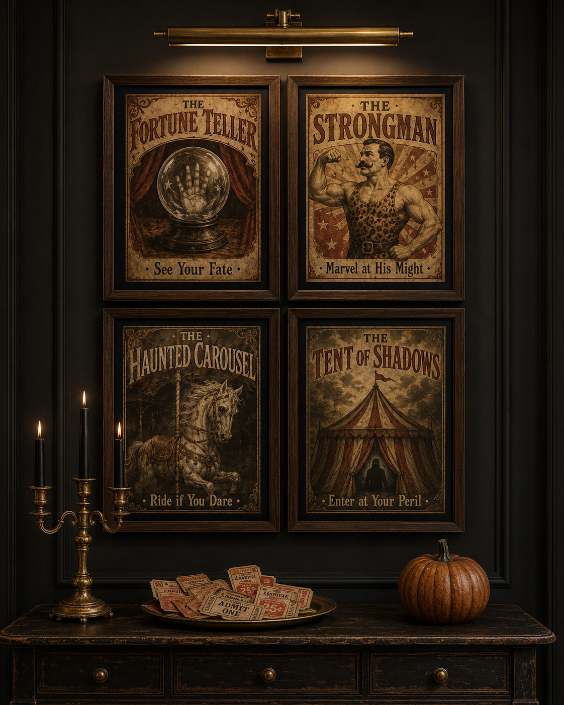 Vintage Sideshow Halloween Poster 4-Print Gallery Set — antique carnival strongman fortune teller bearded lady