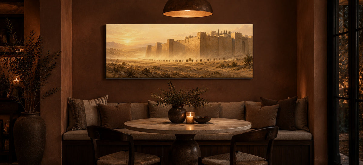 Walls of Jericho Joshua 6 Christian canvas in a clay breakfast nook