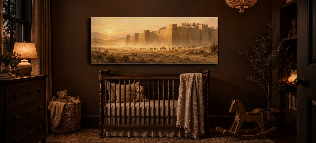 Walls of Jericho canvas above a crib in an espresso nursery