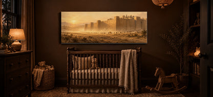 Walls of Jericho canvas above a crib in an espresso nursery
