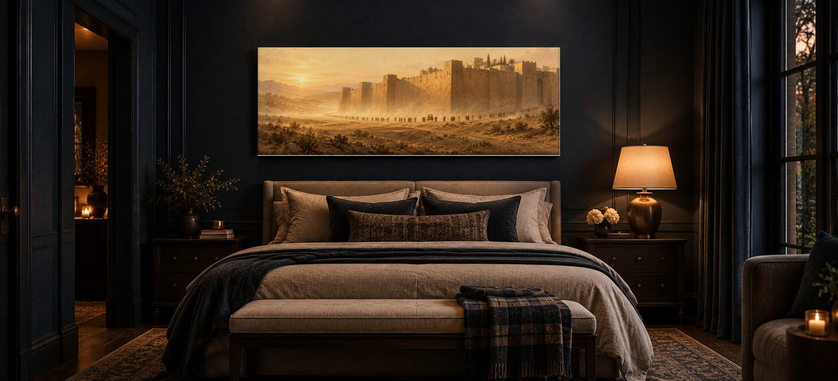 Walls of Jericho canvas above a bed in an indigo guest room