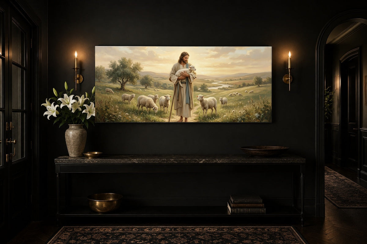 Jesus and lamb Good Shepherd canvas in a dark entryway with brass sconces