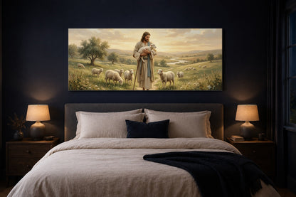 Jesus and lamb Good Shepherd canvas above a bed in a navy bedroom