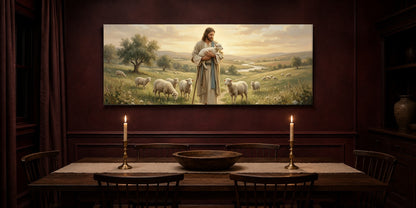 Jesus and lamb Good Shepherd canvas in an oxblood dining room with taper candles