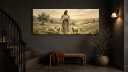 Jesus and lamb Good Shepherd canvas in a dark slate stairwell