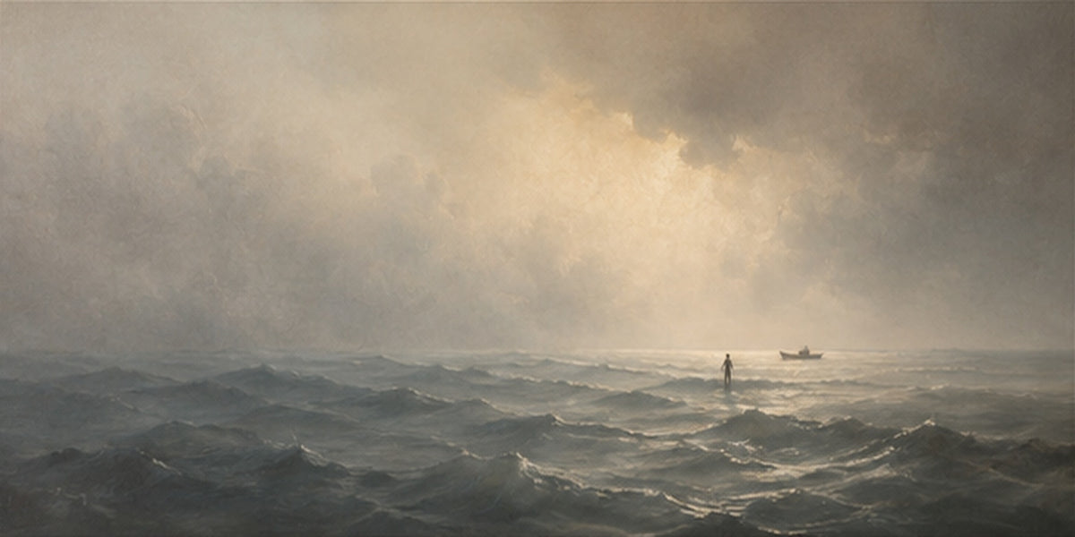 Jesus Walking on Water modern neutral fine art canvas, full flat artwork, 2:1 panoramic