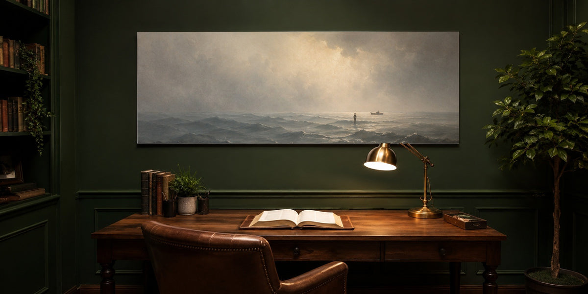Jesus Walking on Water canvas in a deep forest-green study with walnut desk, brass lamp and open Bible