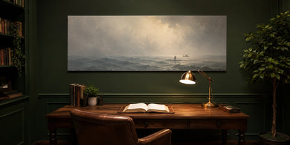 Jesus Walking on Water canvas in a deep forest-green study with walnut desk, brass lamp and open Bible