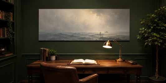 Jesus Walking on Water canvas in a deep forest-green study with walnut desk, brass lamp and open Bible