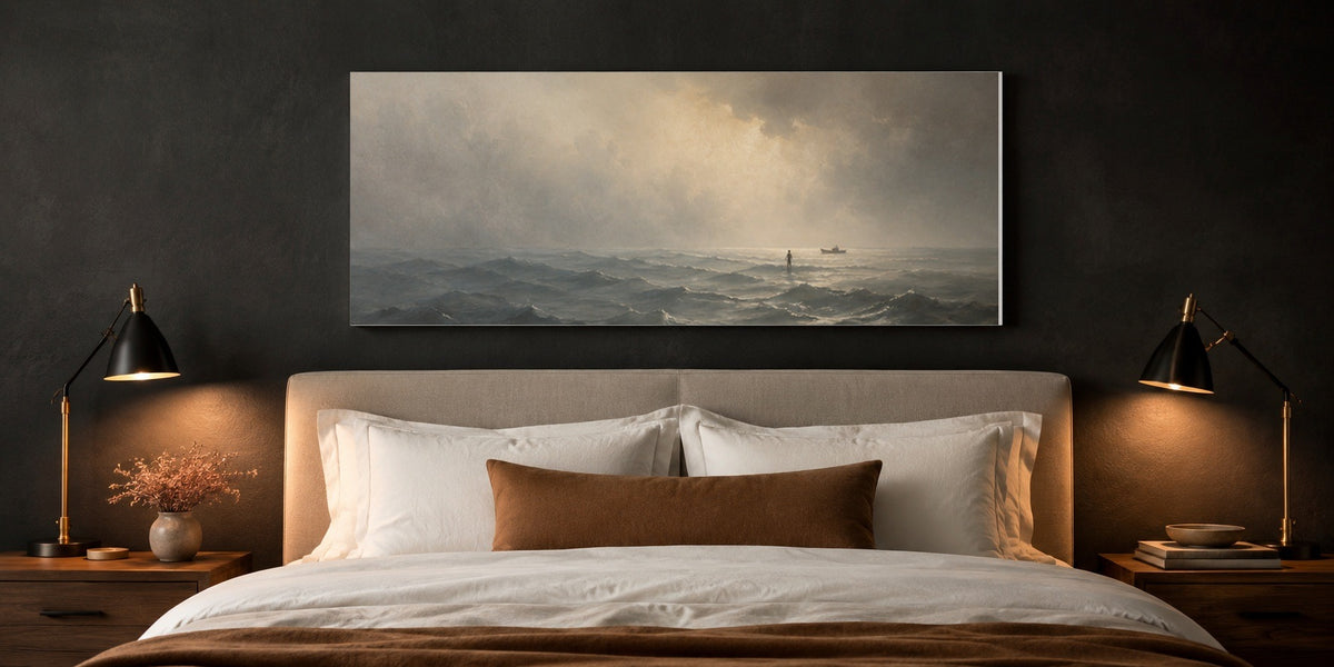 Jesus Walking on Water canvas above a bed in a dark charcoal bedroom with brass bedside lamps