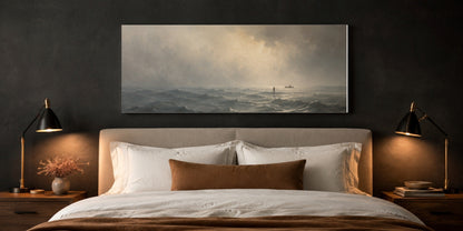 Jesus Walking on Water canvas above a bed in a dark charcoal bedroom with brass bedside lamps