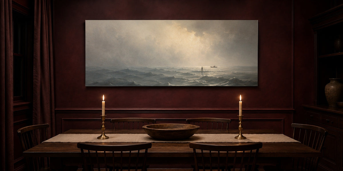Jesus Walking on Water canvas in an oxblood dining room with brass taper candles