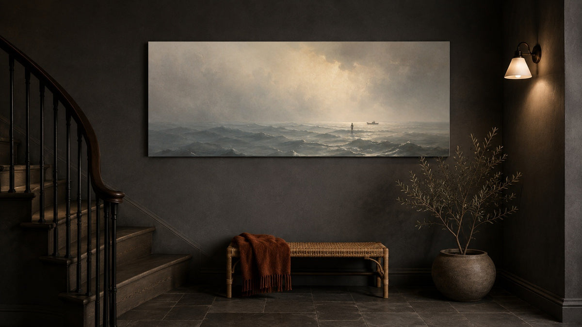 Jesus Walking on Water canvas in a dark slate stairwell with brass sconce
