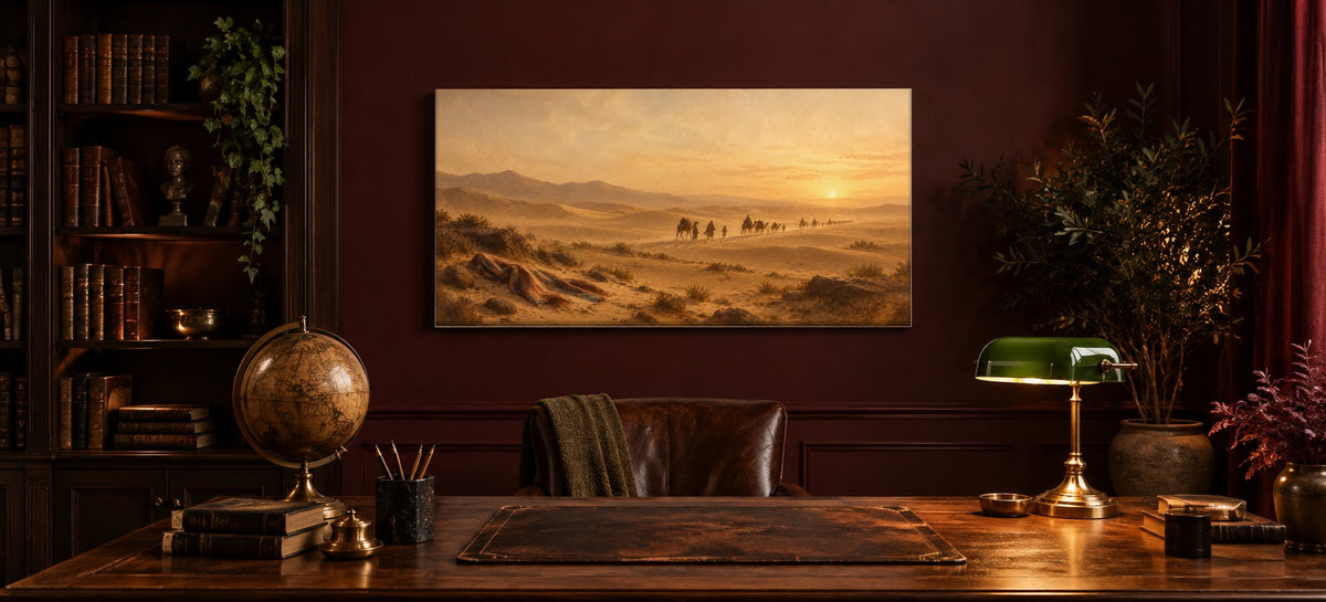 Joseph Sold Into Egypt canvas in a burgundy home office