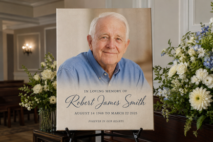 Custom funeral welcome sign celebration of life memorial service canvas staged at funeral chapel with fresh white flowers