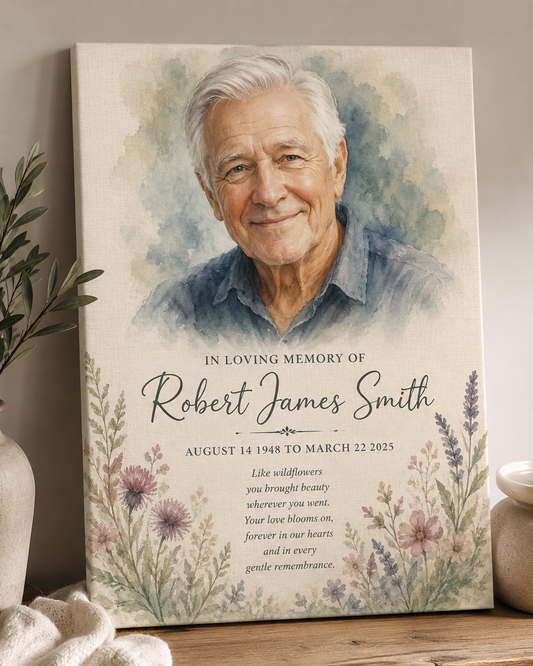 Custom watercolor memorial portrait canvas hand-painted style from photo personalized in loving memory funeral display