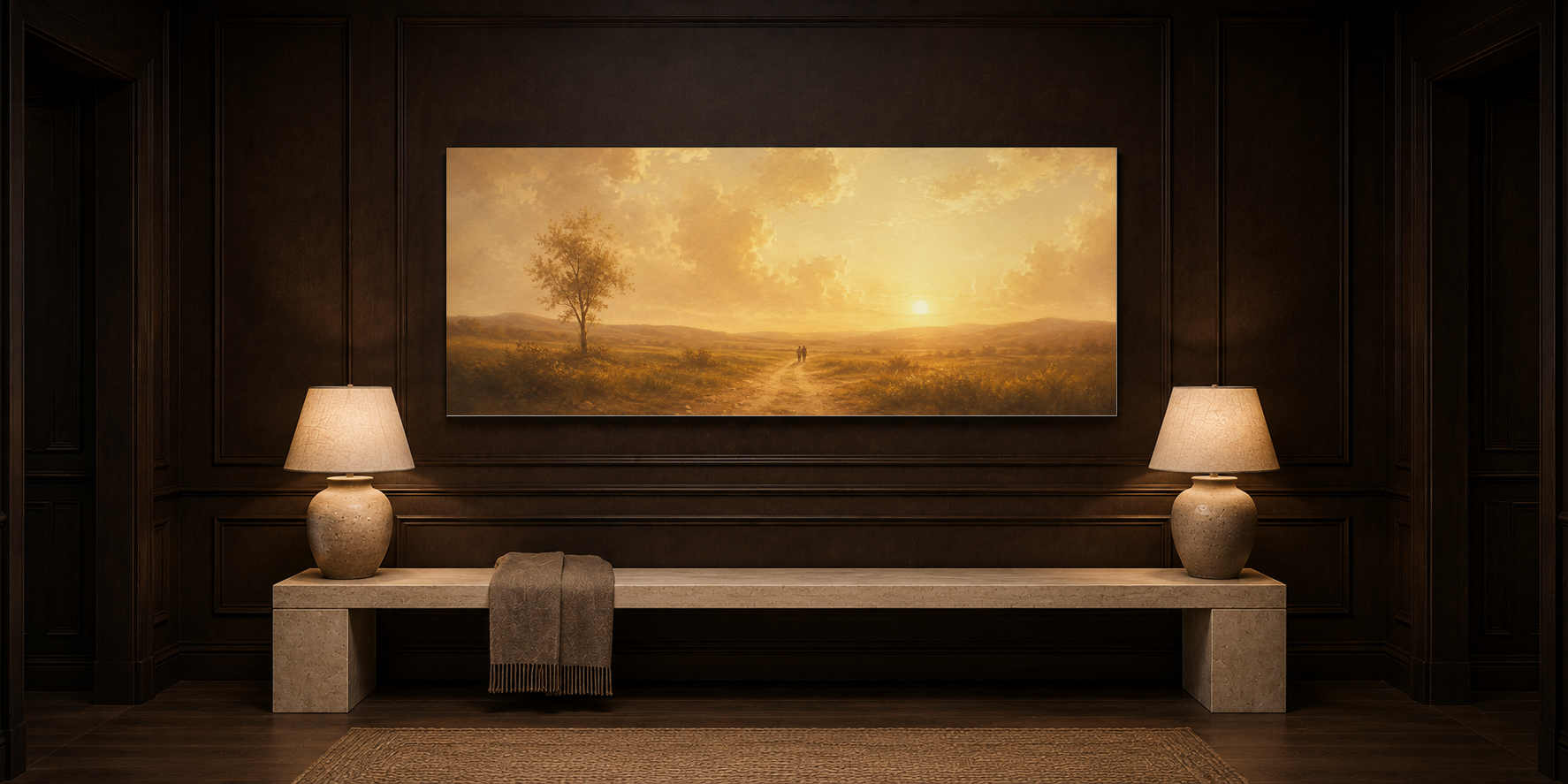 Always and Forever couple canvas above a travertine bench in a dark espresso hallway