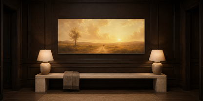 Always and Forever couple canvas above a travertine bench in a dark espresso hallway