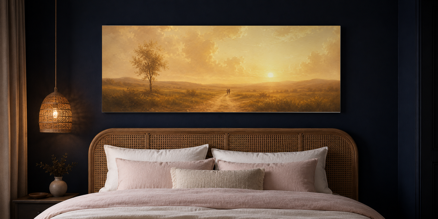 Always and Forever couple canvas above a cane headboard in a deep navy bedroom