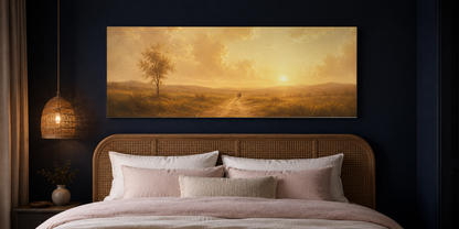 Always and Forever couple canvas above a cane headboard in a deep navy bedroom
