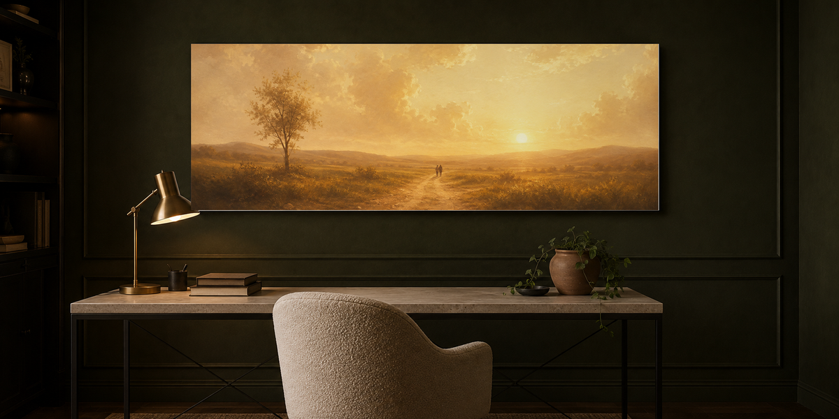 Always and Forever couple canvas above a desk in a dark olive home office