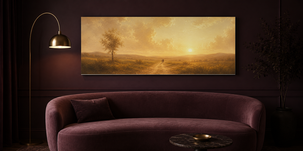 Always and Forever couple canvas above a burgundy velvet sofa in a deep plum living room